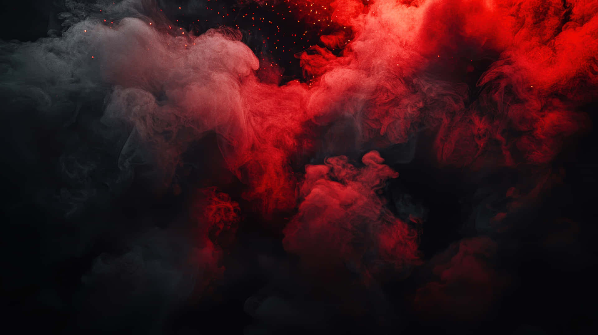 A powerful abstract image featuring swirling red and black smoke with glowing sparks 壁紙 — 大量紅色和黑色煙霧在黑暗背景下動態翻騰，散落著發光的餘燼。