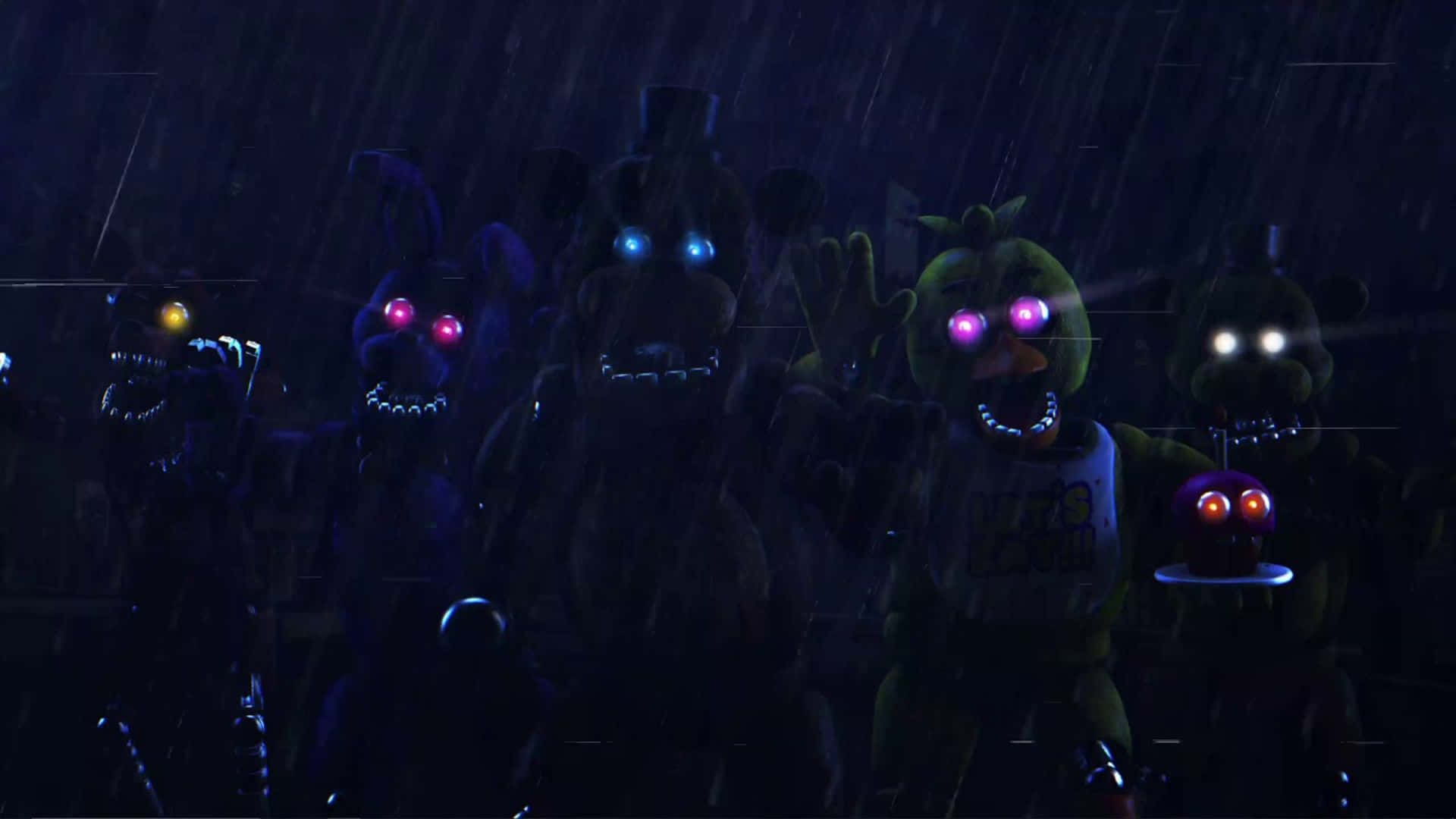 Fnaf Jumpscare 桌布 壁紙 — 大雨傾盆而下，帶有發光眼睛的威脅性電子動畫角色從黑暗詭異的環境中凝視著。