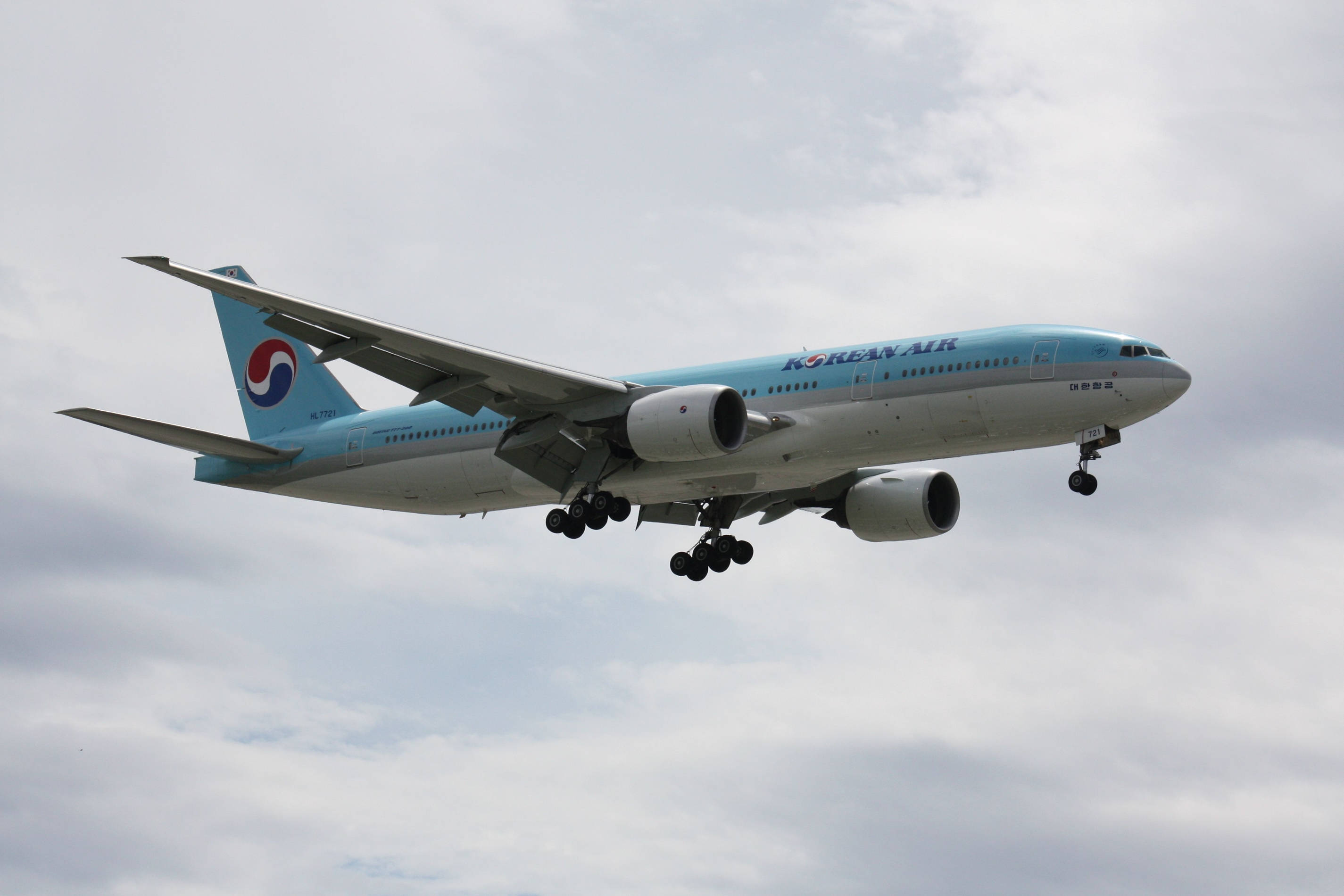 飛機 桌布 壁紙 — 大韓航空珍寶客機在陰天中放下起落架下降。