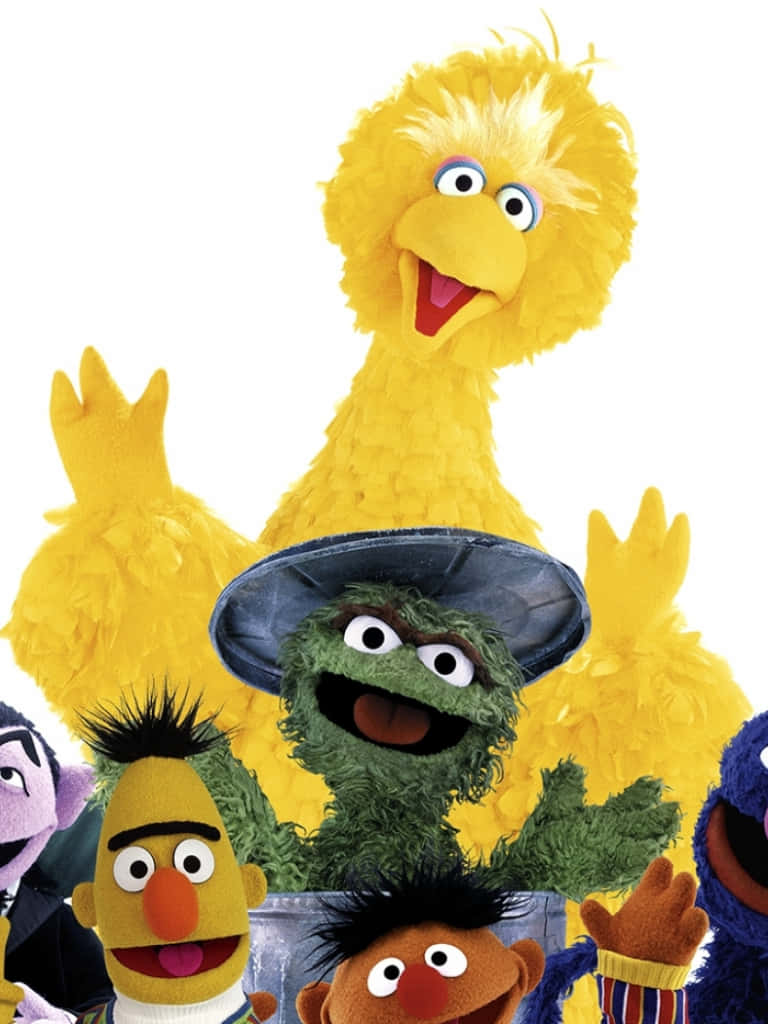 Big Bird 桌布 壁紙 — 大鳥和其他芝麻街布偶在明亮的白色背景前開心地擺姿勢。