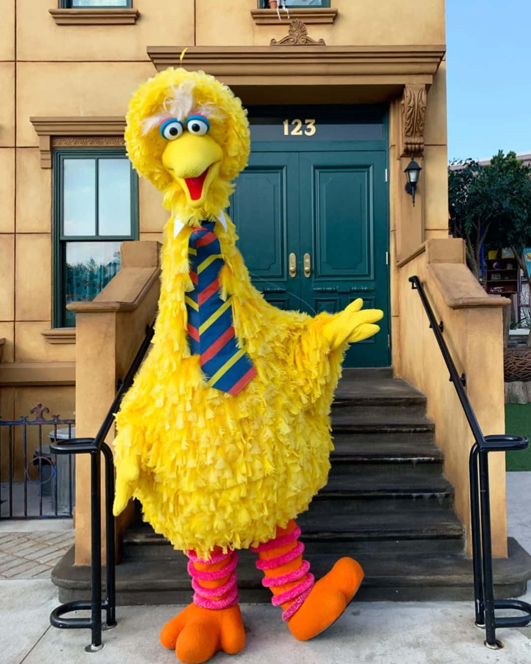 Big Bird 桌布 壁紙 — 大鳥快樂地站在米色建築物前的階梯上，建築物有綠色門，戴著條紋領帶和粉紅色襪子。