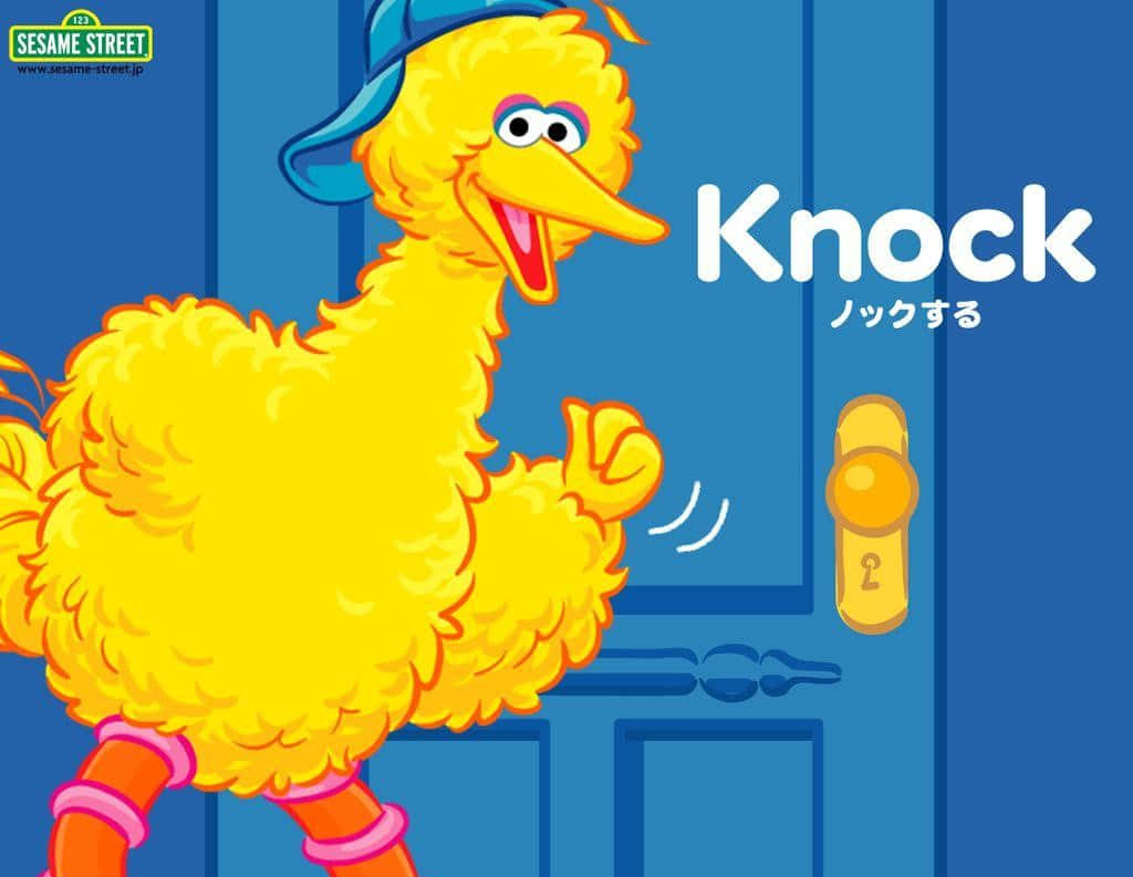 Big Bird 桌布 壁紙 — 大鳥穿著鮮黃色羽毛和藍色帽子，愉快地敲打著一扇帶有金色門把手的藍色門。