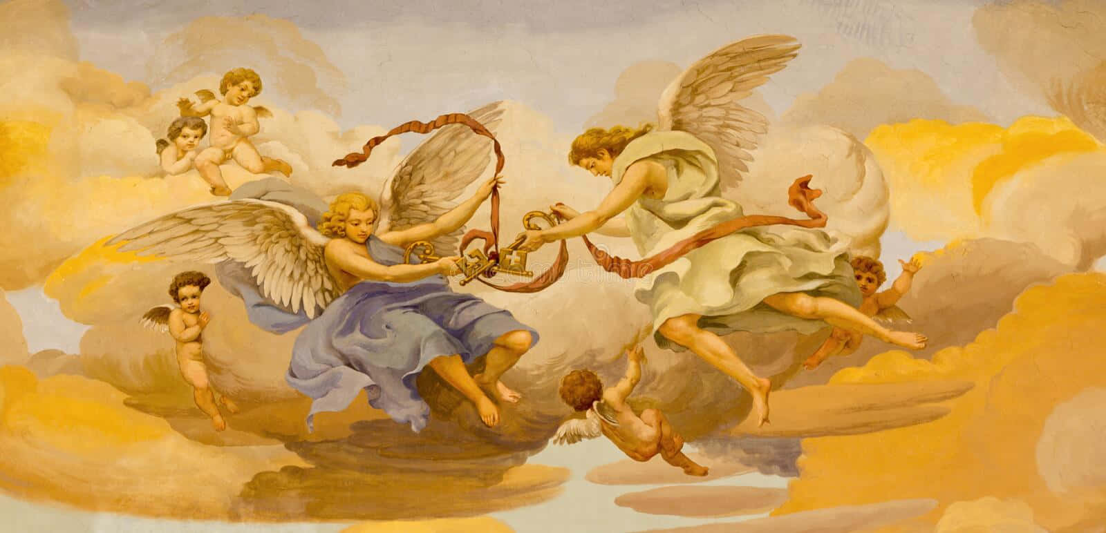 angels 桌布 壁紙 — 天使般的人物穿著飄逸長袍和翅膀，在金色雲層中翱翔，交換一條帶有絲帶的鑰匙，呈現神聖的天國場景。