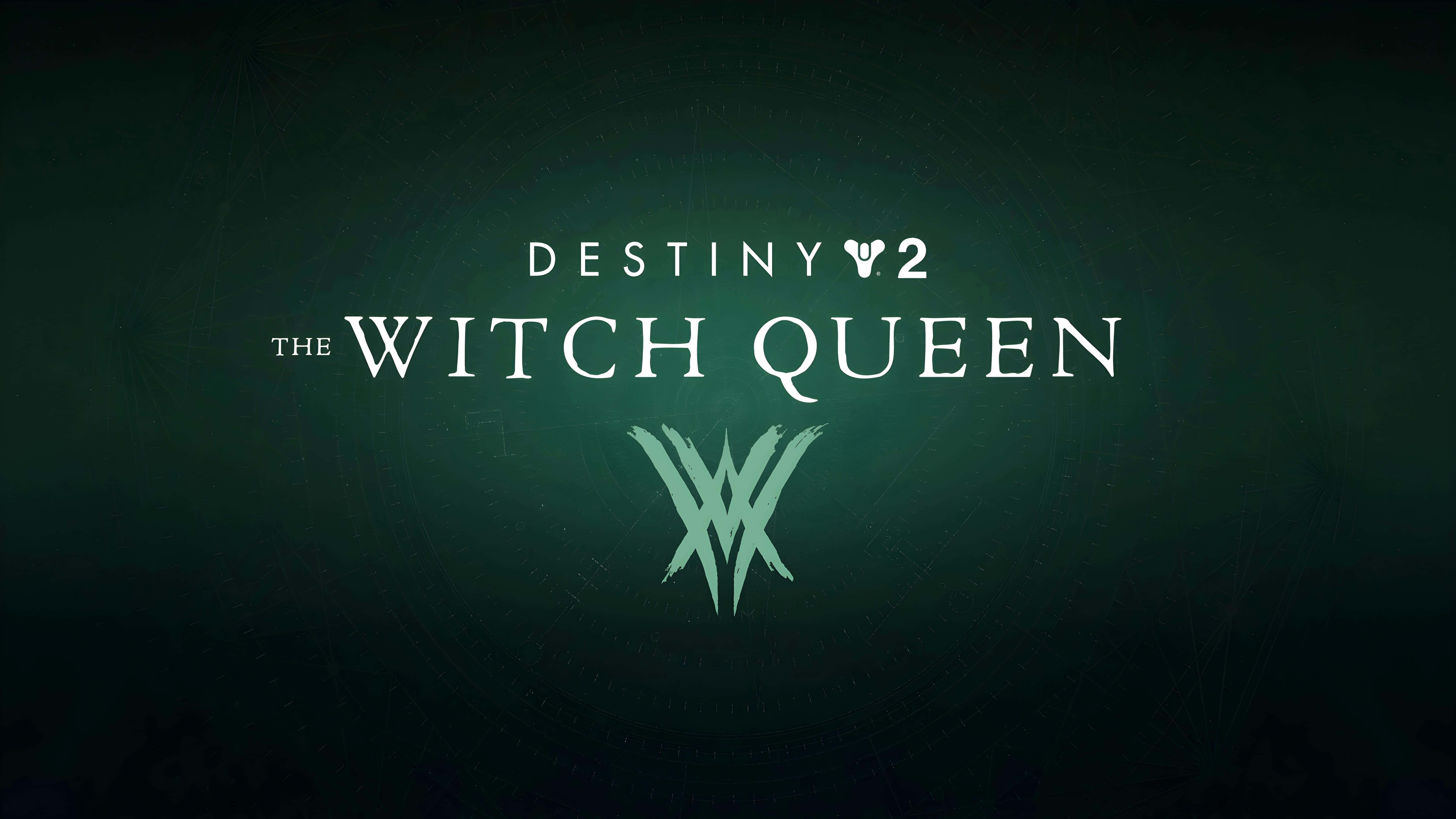 Destiny 2 桌布 壁紙 — 《天命2》中「女巫女王」的標題卡在深色紋理背景上發出淡綠色光芒。