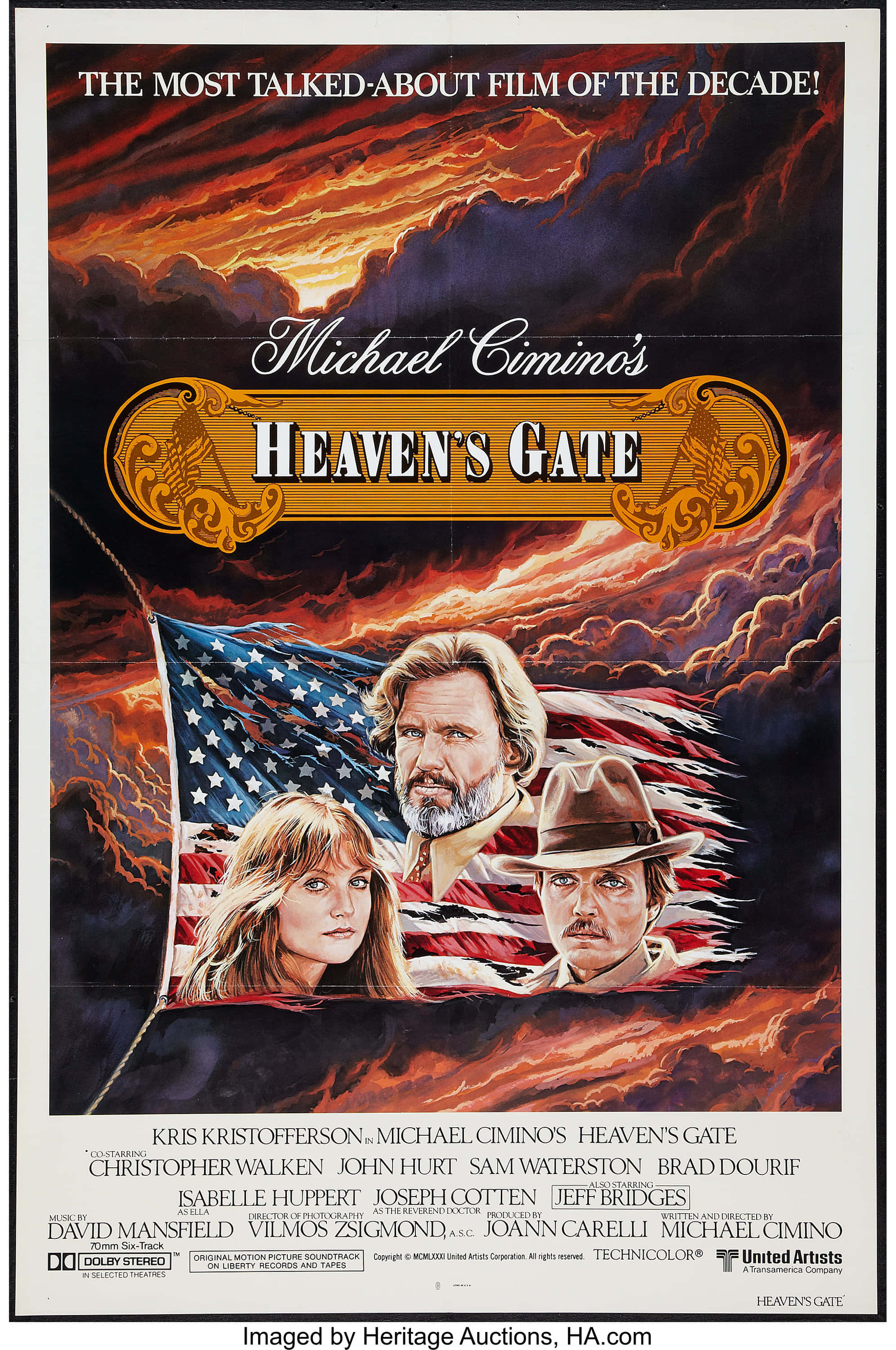 Heaven's Gate 桌布 壁紙 — 《天堂之門》的戲劇性電影海報，三個角色在熾熱的天空下，背景有美國國旗。