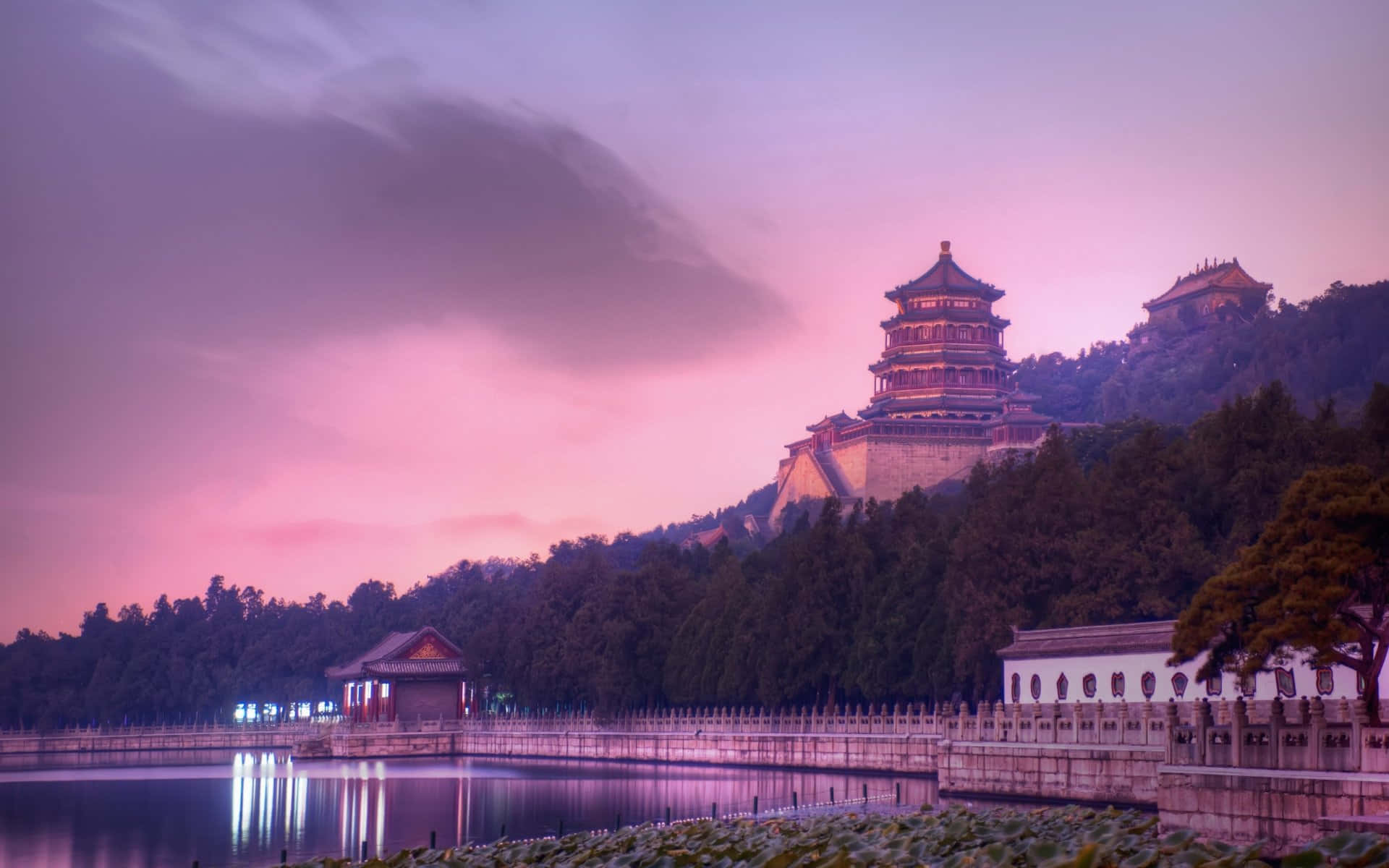 Purple Sky 桌布 壁紙 — 天壇黃昏時分的寧靜景象，粉紅色的天空倒映在平靜的水面上，四周環繞著茂密的綠樹。