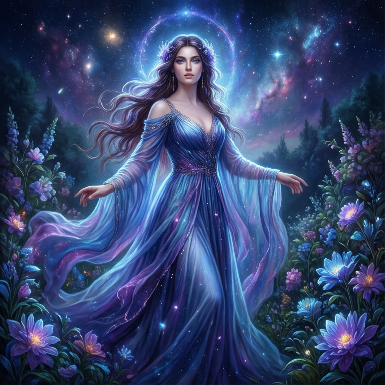 天界處女座少女 壁紙 — 一位身穿飄逸藍色長袍的天界女子，在星光燦爛的宇宙天空下，站在發光的紫色花朵之中。