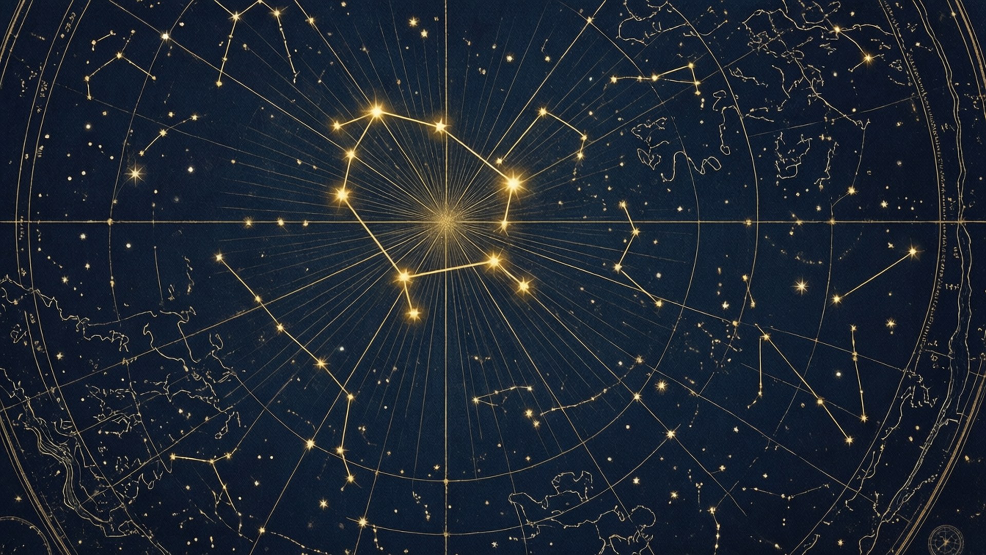 天秤座星圖 壁紙 — 一張天體圖，金色星座從中央恆星向外輻射，背景是深藍色的夜空。