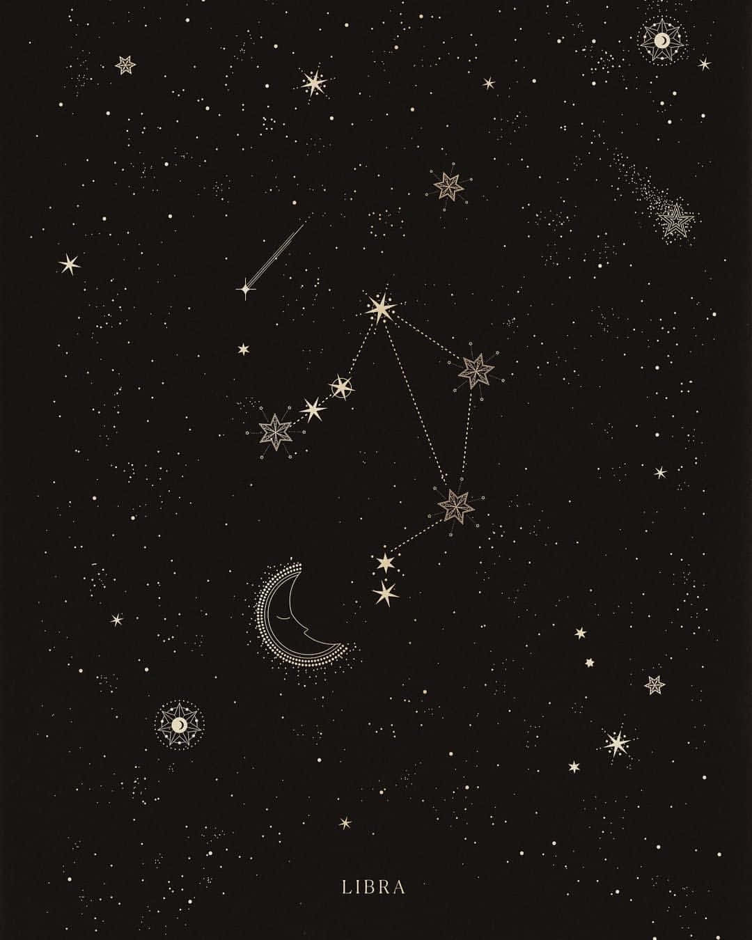 Constellations 桌布 壁紙 — 天秤座的天體插圖，帶有金色新月和星星，背景為黑色。