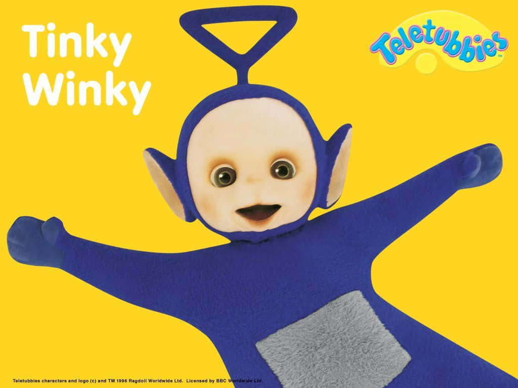 pbs kids 桌布 壁紙 — 天線寶寶中的Tinky Winky在明亮的黃色背景上開心地微笑，雙臂張開。