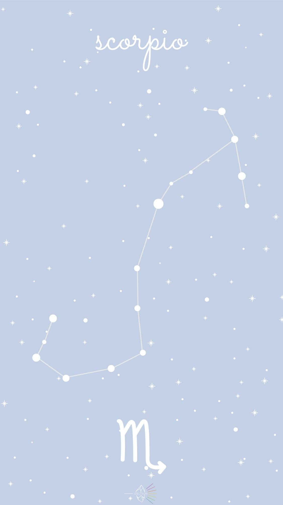 Scorpio Zodiac 桌布 壁紙 — 天蠍座的極簡插圖，白色星星和線條在柔和藍色背景上。