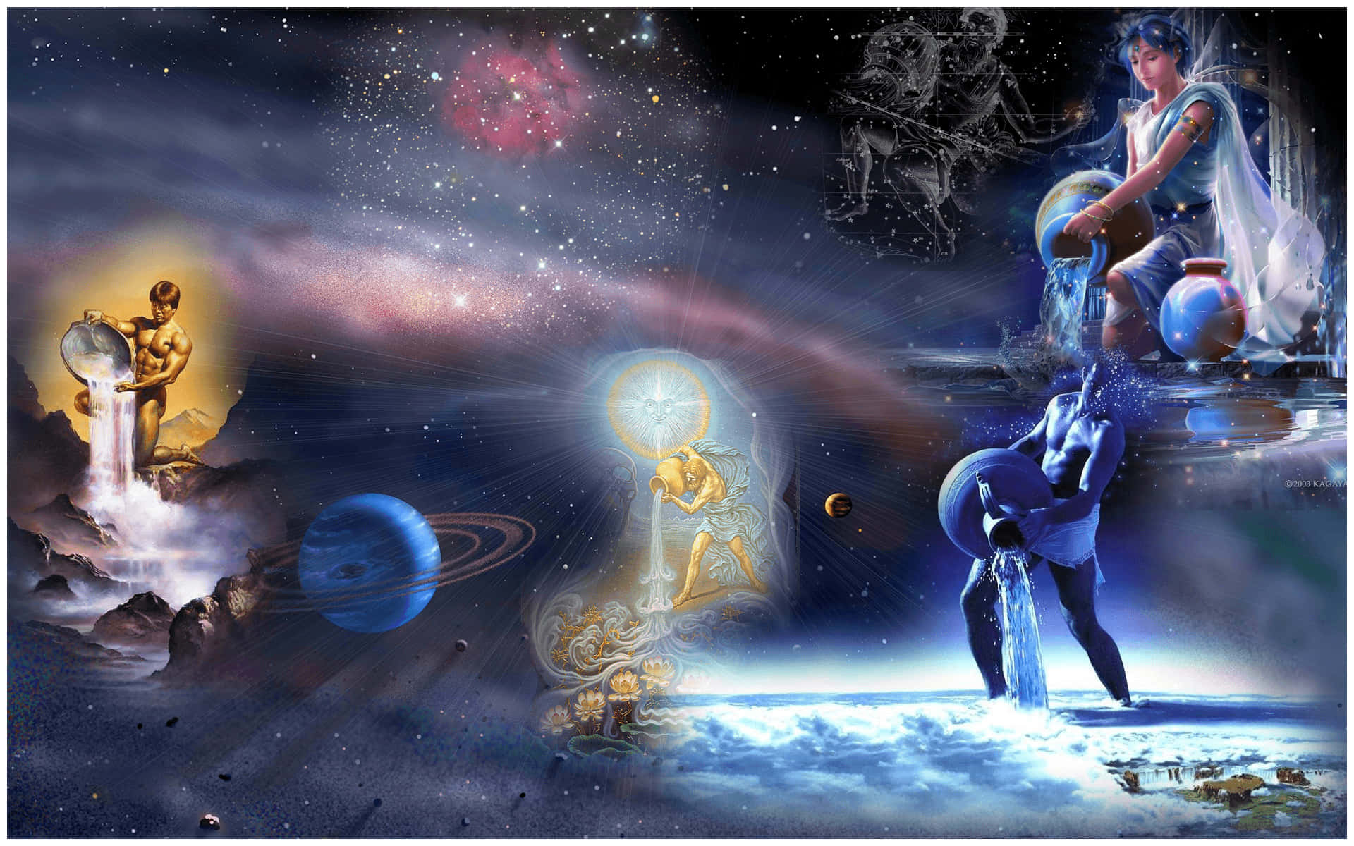 aquarius 桌布 壁紙 — 天體存在從甕中倒水，橫跨一個有行星、星雲和星座在深空發光的宇宙場景。