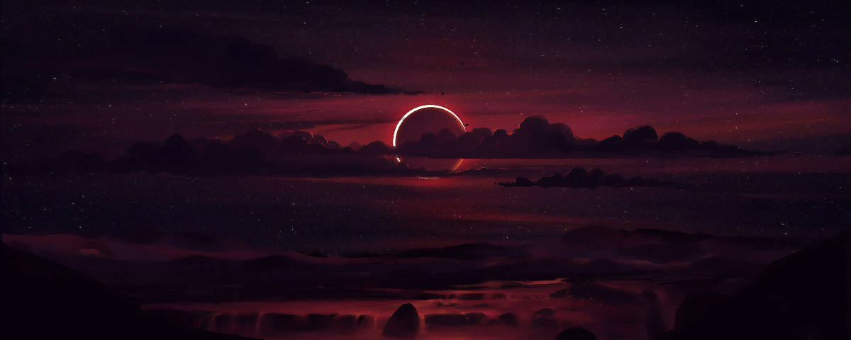 Eclipse 桌布 壁紙 — 天體日食在黑暗雲層和霧氣瀰漫的地形上方的星空夜空中發出紅光。