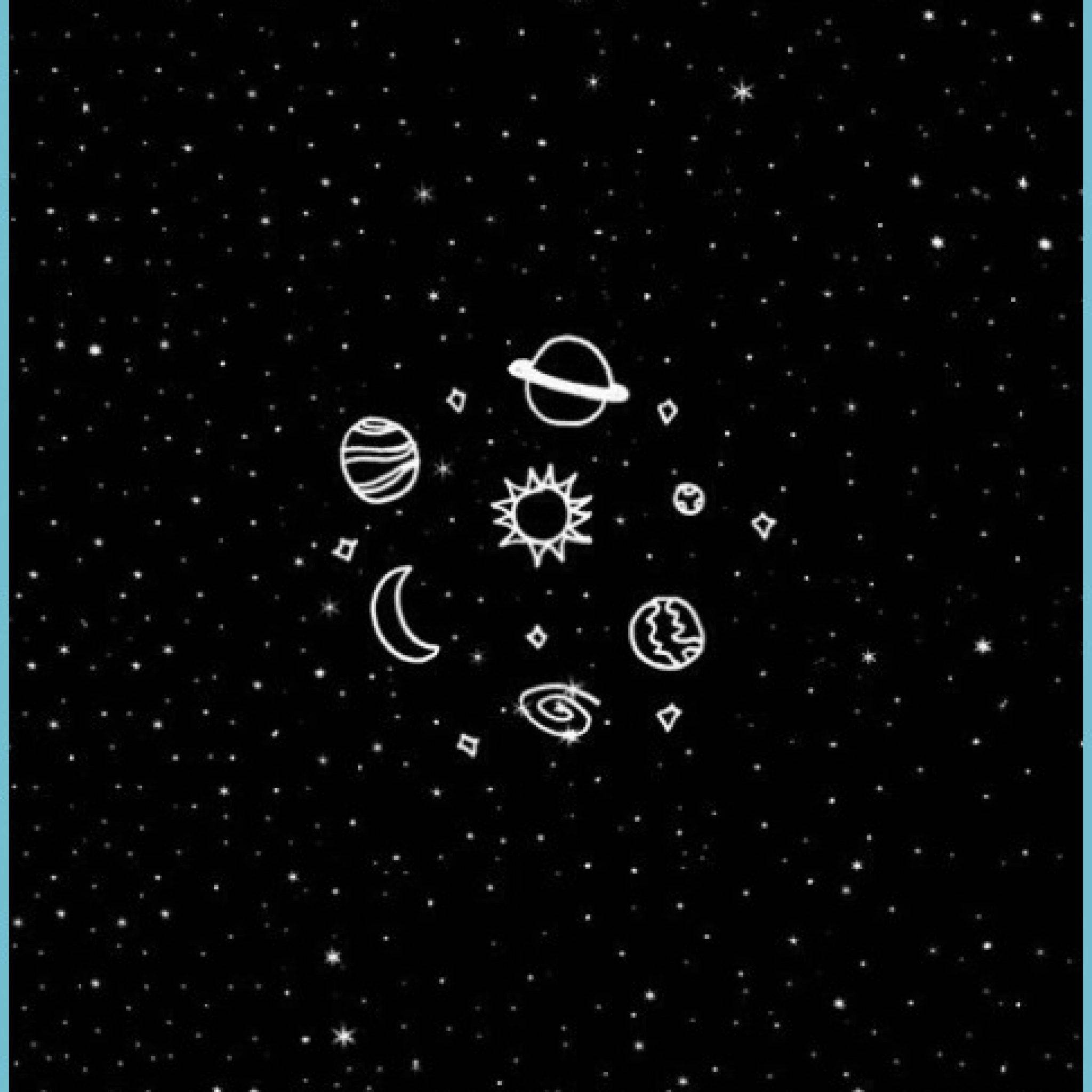 黑白 桌布 壁紙 — 天體的極簡白色線條畫在繁星點點的黑色背景上漂浮。