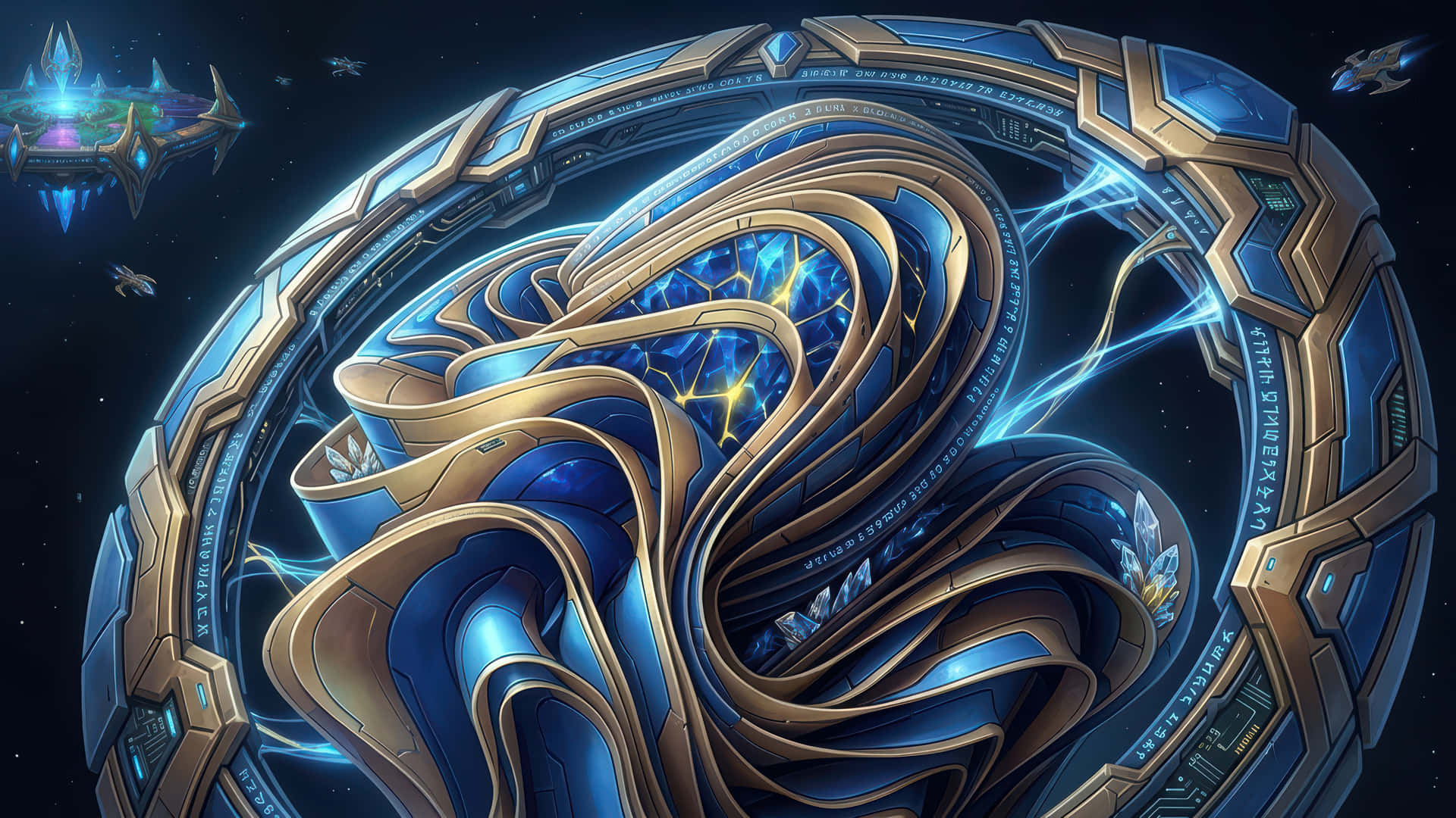 Starcraft Protoss Bloom modded wallpaper for desktop Enhancement 壁紙 — 太空中發光的藍色和金色螺旋結構，未來風格的飛船環繞其運行。