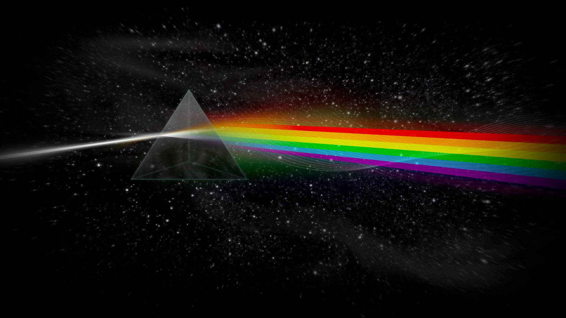 Floyd 桌布 壁紙 — 太空中的透明棱鏡將光束分裂成鮮豔的彩虹光譜，映襯著繁星點點的黑色虛空。
