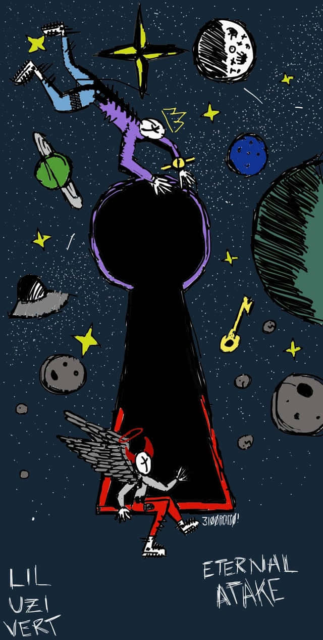 藝術 桌布 壁紙 — 太空中的風格化卡通鑰匙孔，周圍漂浮著有翼人物和行星。