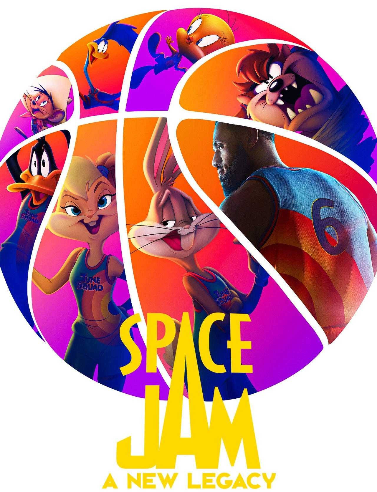 Space Jam 2 桌布 壁紙 — 《太空也入樽：改朝換代》中充滿活力的動畫角色，以鮮豔色彩和動感姿勢形成籃球圖案。
