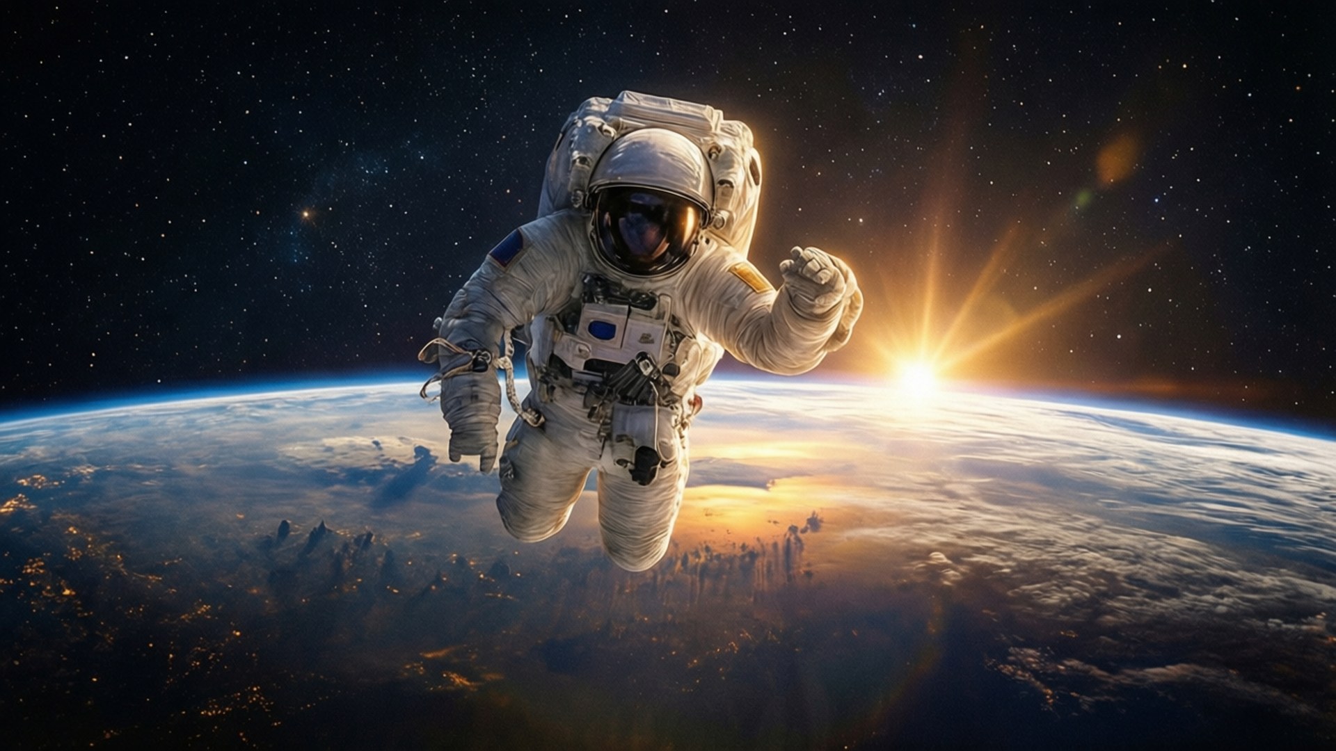 一名太空人在金色日出中安詳漂浮於地球之上。