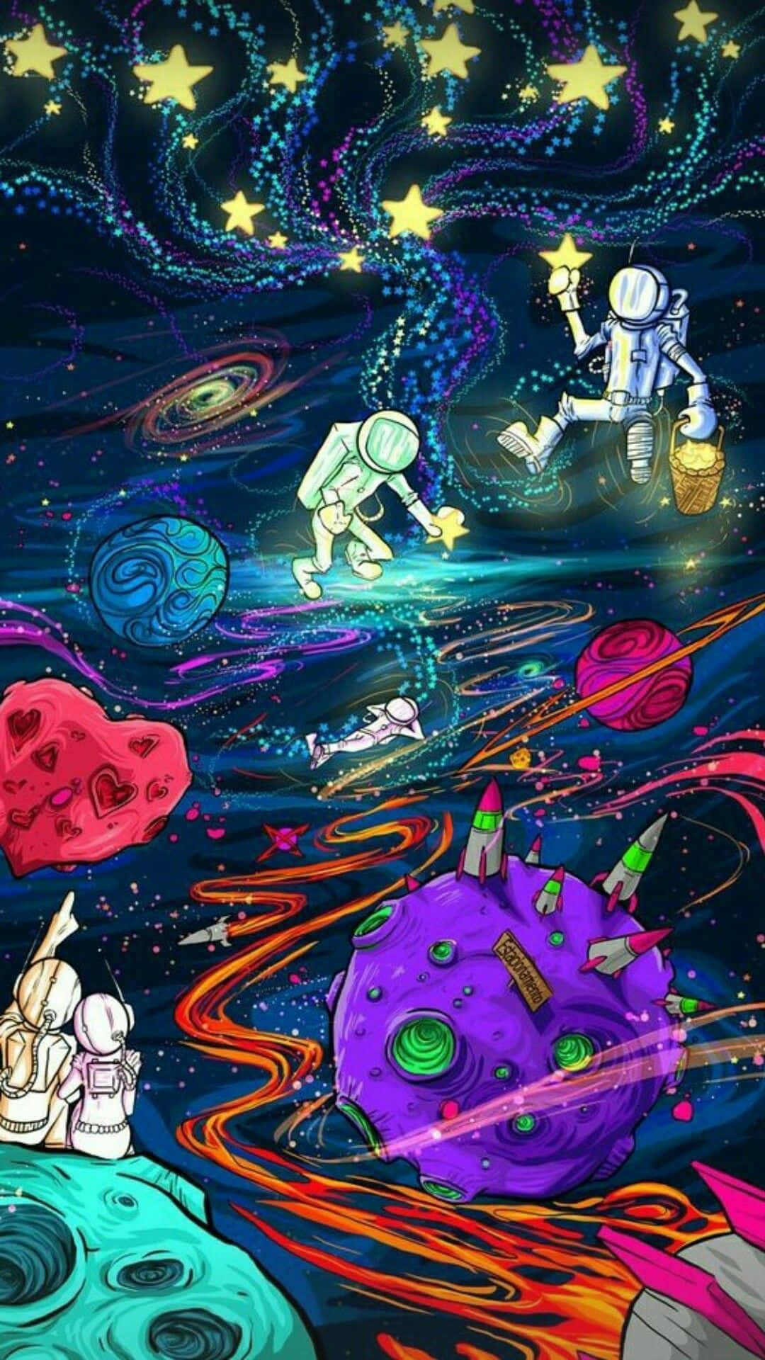 太空人 桌布 壁紙 — 太空人在一個充滿活力的宇宙景觀中探索，有發光的行星、色彩繽紛的星雲和漂浮的星星，這是一幅奇幻的數位插圖。