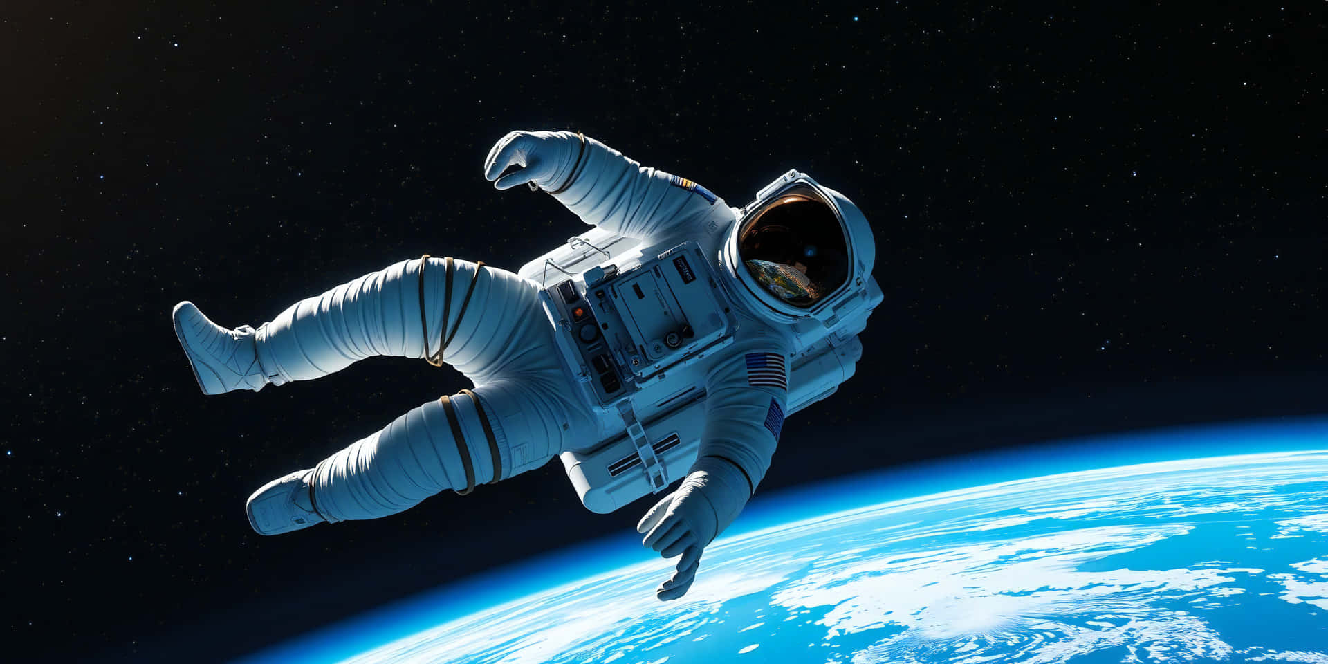 Space Travel 壁紙 — 太空人在地球藍色彎曲的地平線上方無重漂浮，背景是繁星點點的黑色天空。