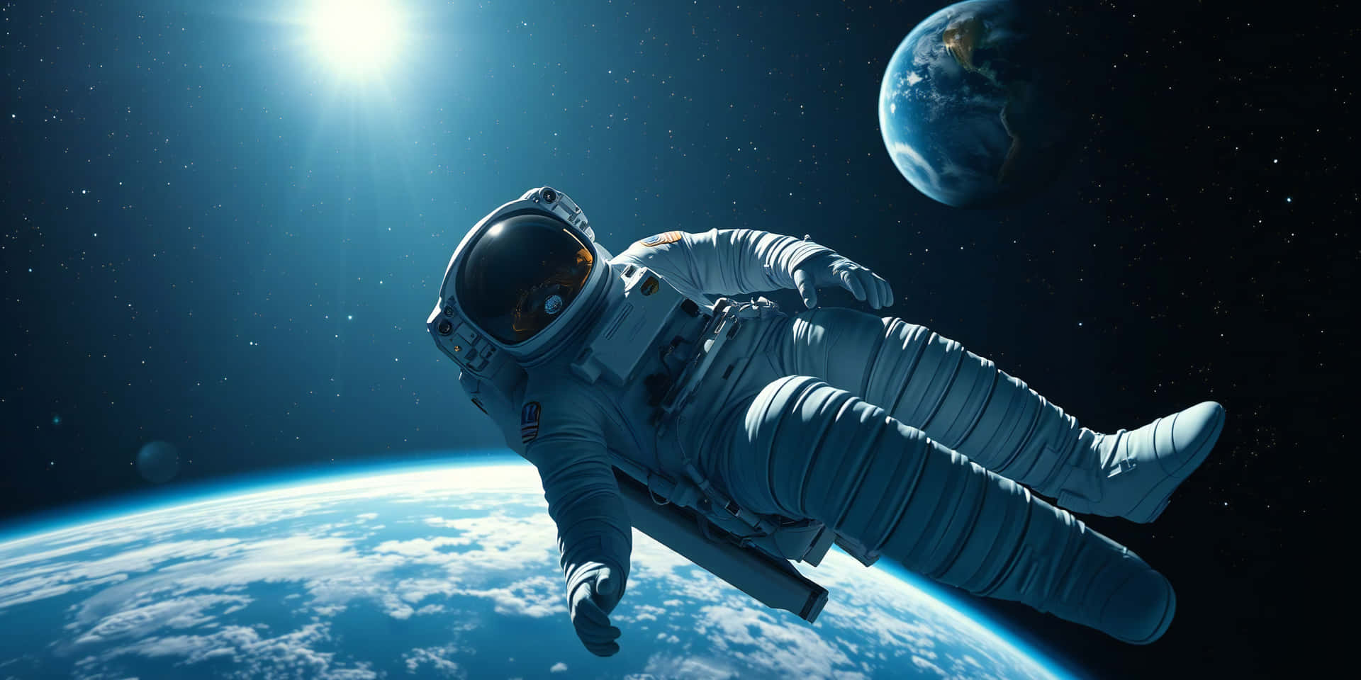 Astronaut In Space 壁紙 — 太空人在太空失重漂浮，背後是地球藍色彎曲的地平線和明亮的太陽。