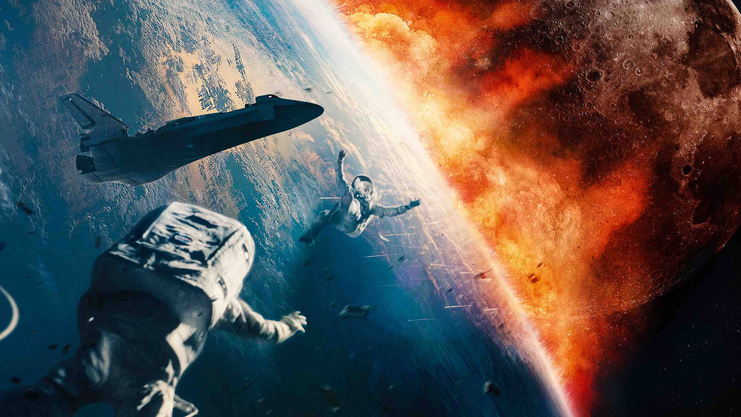 Moonfall 桌布 壁紙 — 太空人在太空梭附近漂浮，一顆熾熱的行星在地球彎曲的地平線上隱現。