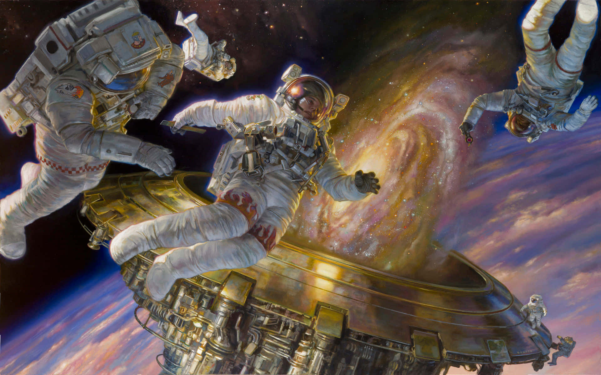 夢幻 桌布 壁紙 — 太空人在太空船附近漂浮，背景是旋轉的星系，呈現生動的宇宙空間。