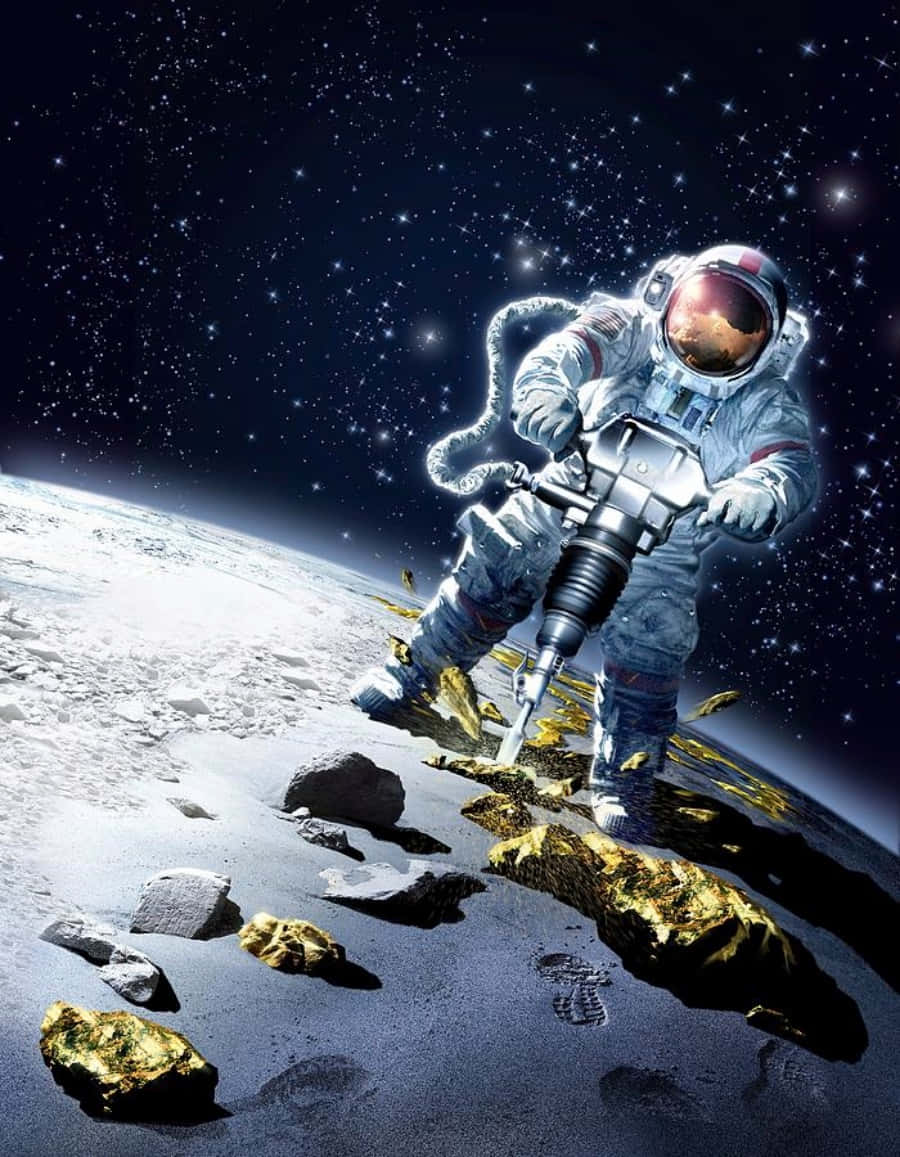 Space Mining 桌布 壁紙 — 太空人在月球岩石上鑽孔，在星空下散落金色碎片。