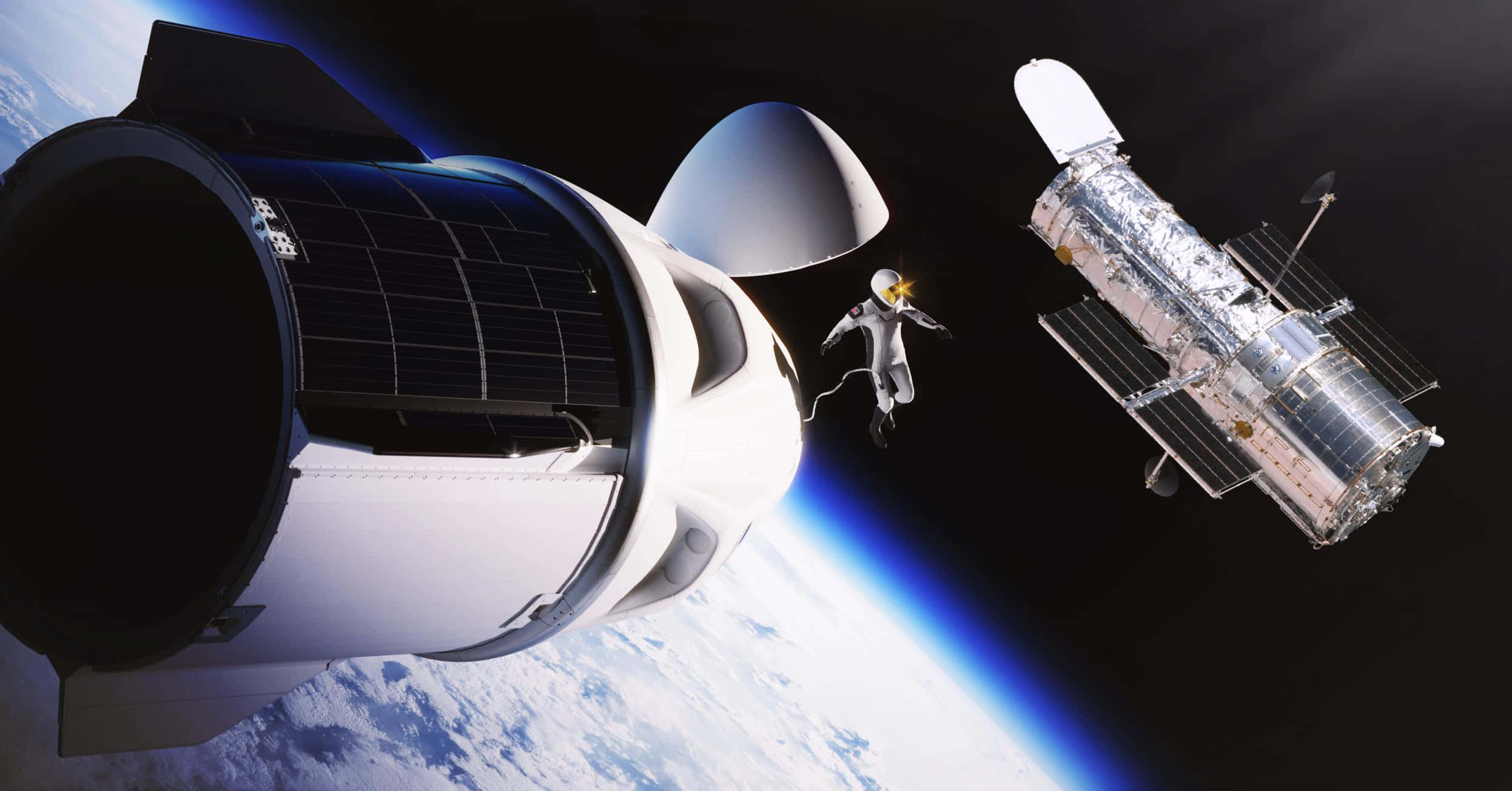 太空 桌布 壁紙 — 太空人在深空中漂浮於太空船與哈伯望遠鏡之間，背景是地球彎曲的地平線。