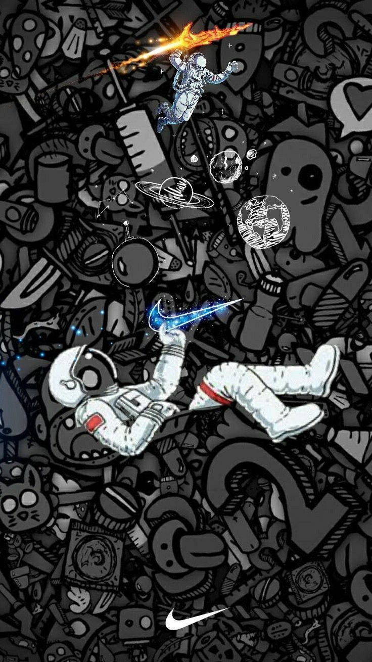太空人在帶有Nike品牌標誌的密集黑白塗鴉背景中漂流。 — 太空人 壁紙
