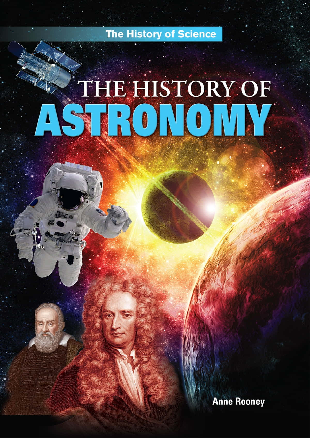 銀河 桌布 壁紙 — 太空人在行星附近漂浮，旁邊是歷史天文學家的肖像，背景是充滿活力的宇宙。