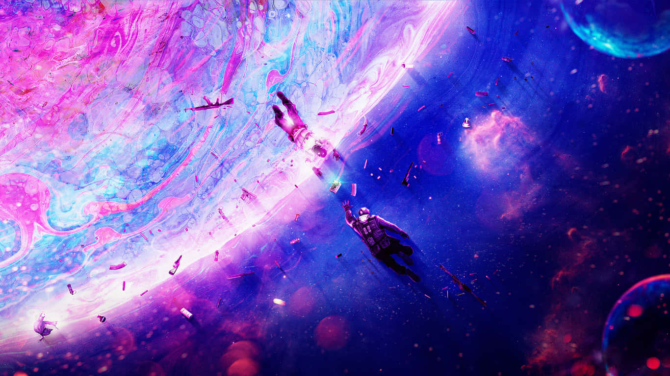 太空人漂浮在色彩繽紛的宇宙星雲中，伴有發光球體和碎片。 — 外太空 GIF 壁紙