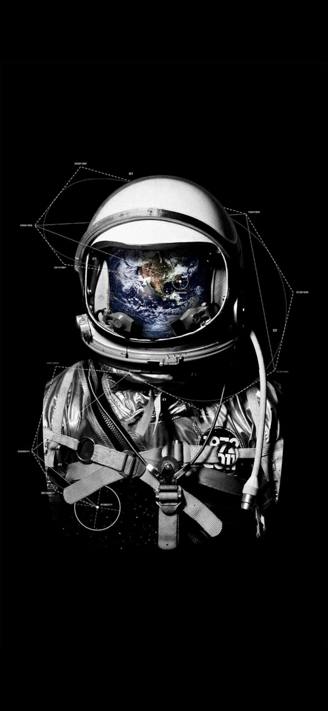 Cosmos 桌布 壁紙 — 太空人戴著反光頭盔，內部可見地球，在黑色太空背景下被幾何線條包圍。