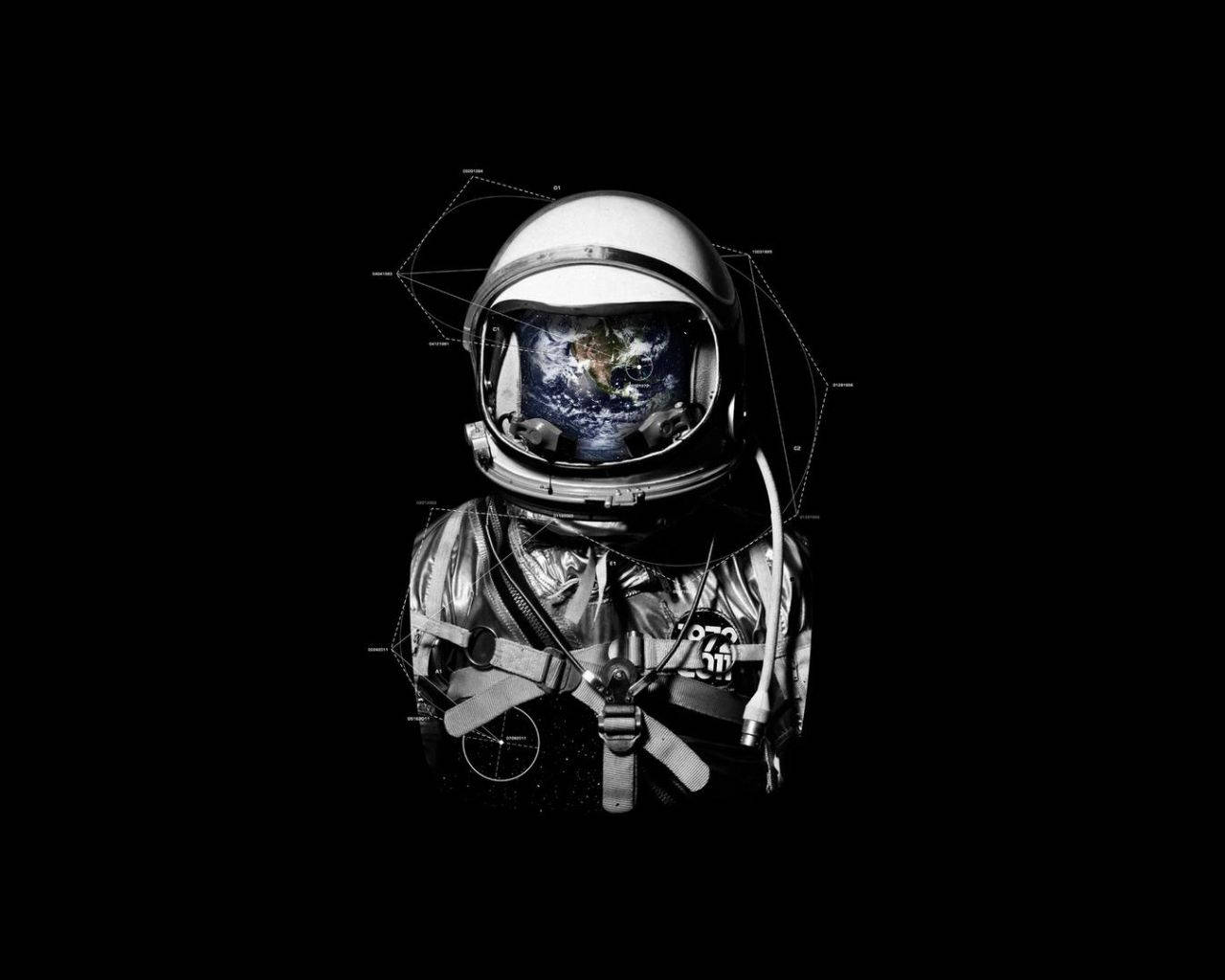  壁紙 — 太空人戴著反光頭盔，頭盔內可見地球，背景為 stark 黑色並帶有幾何線條。
