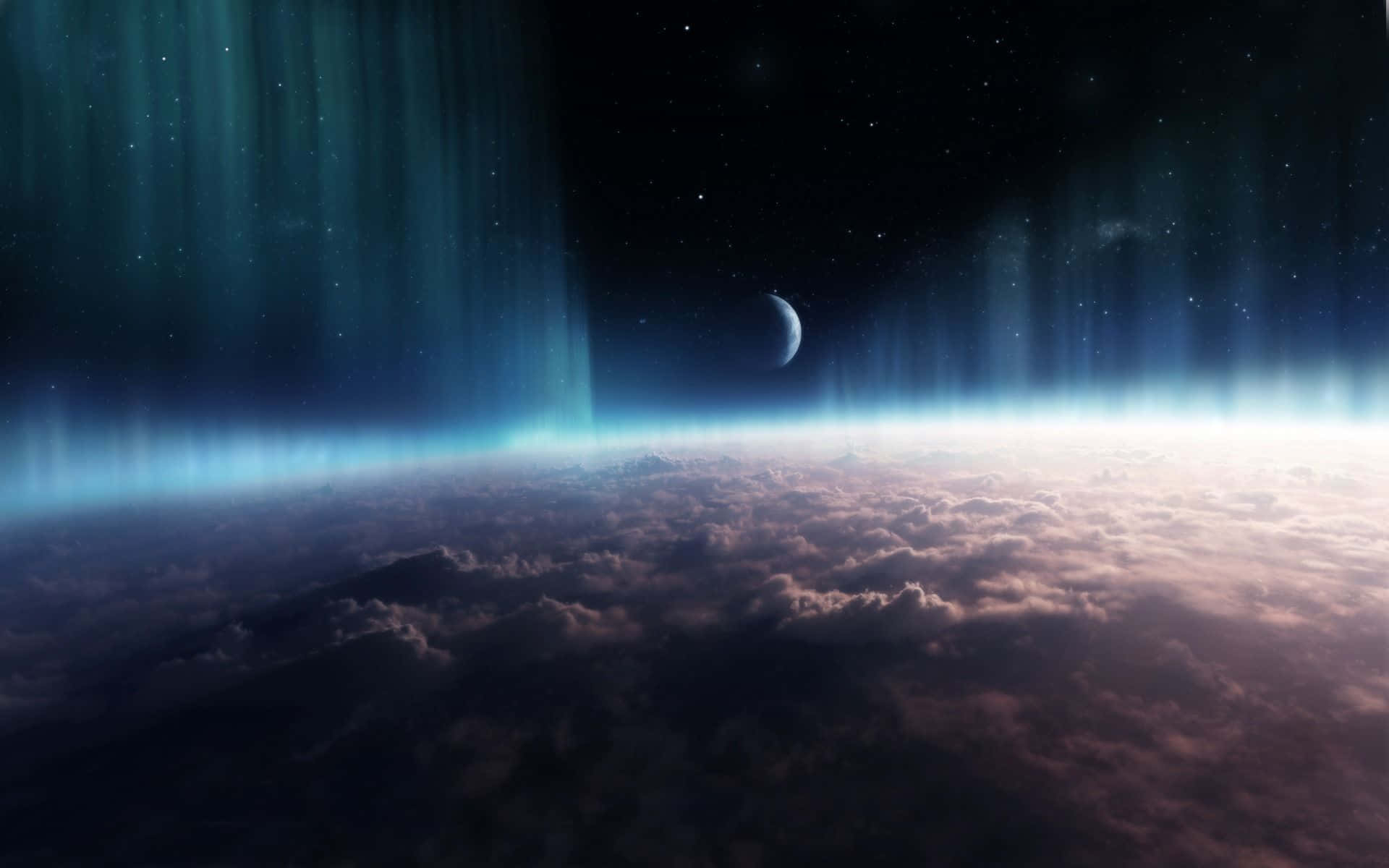 酷炫太空 桌布 壁紙 — 太空人視角：發光的藍色極光在行星雲層上方舞動，伴隨著新月和星空。