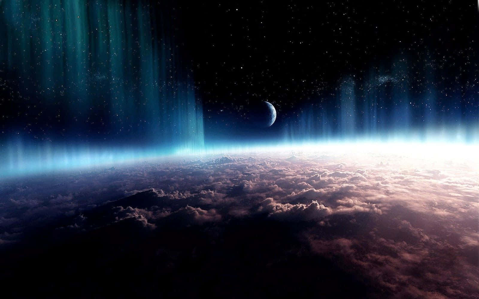 外太空 桌布 壁紙 — 太空人觀看極光在雲海上舞動，伴隨著新月和星空。