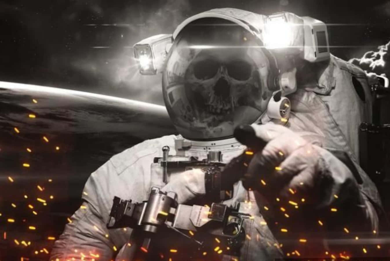 Scary Space 桌布 壁紙 — 太空人身穿太空衣，戴著骷髏頭盔，在熾熱火花中對著行星背景舉槍。