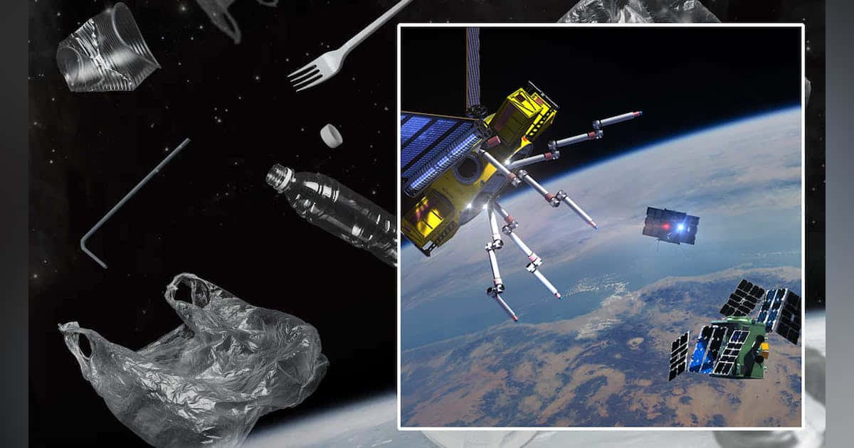 Space Debris 桌布 壁紙 — 太空垃圾包括塑膠袋、叉子和瓶子漂浮在地球附近，而衛星則在行星上方運行。