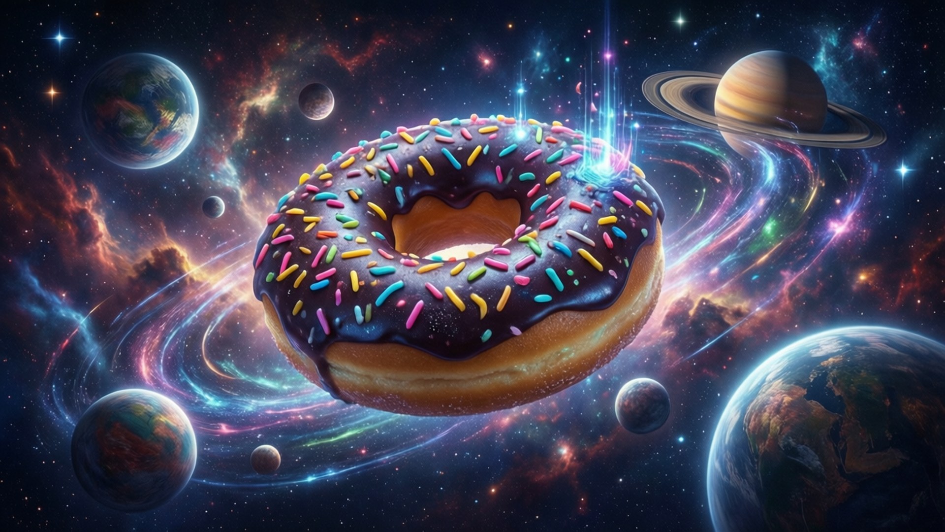 太空甜甜圈的宇宙之旅 壁紙 — 一個巨大的巧克力糖霜甜甜圈，上面有彩虹糖粒，漂浮在充滿活力的宇宙場景中，周圍環繞著行星和旋轉的星雲。