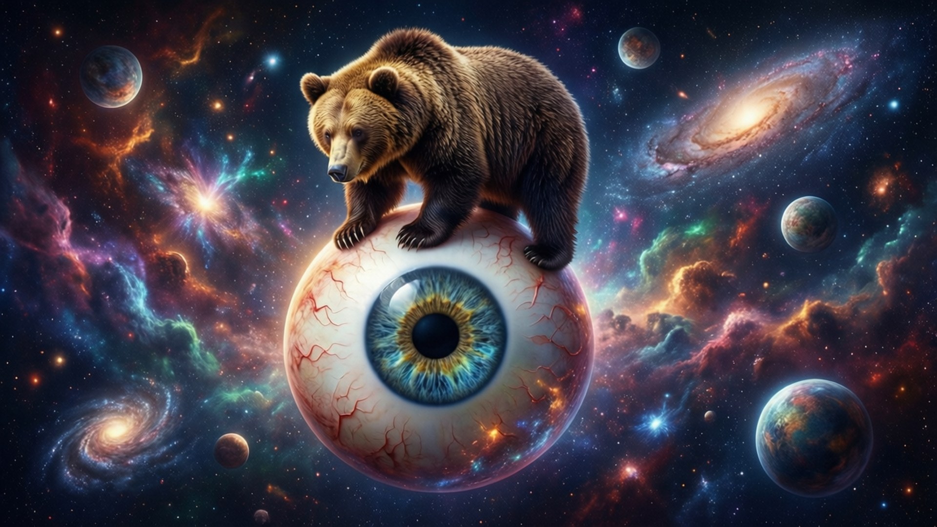 太空眼珠熊 壁紙 — 一隻棕熊站在一個漂浮在充滿星系和行星的充滿活力的宇宙場景中的巨大眼球上。