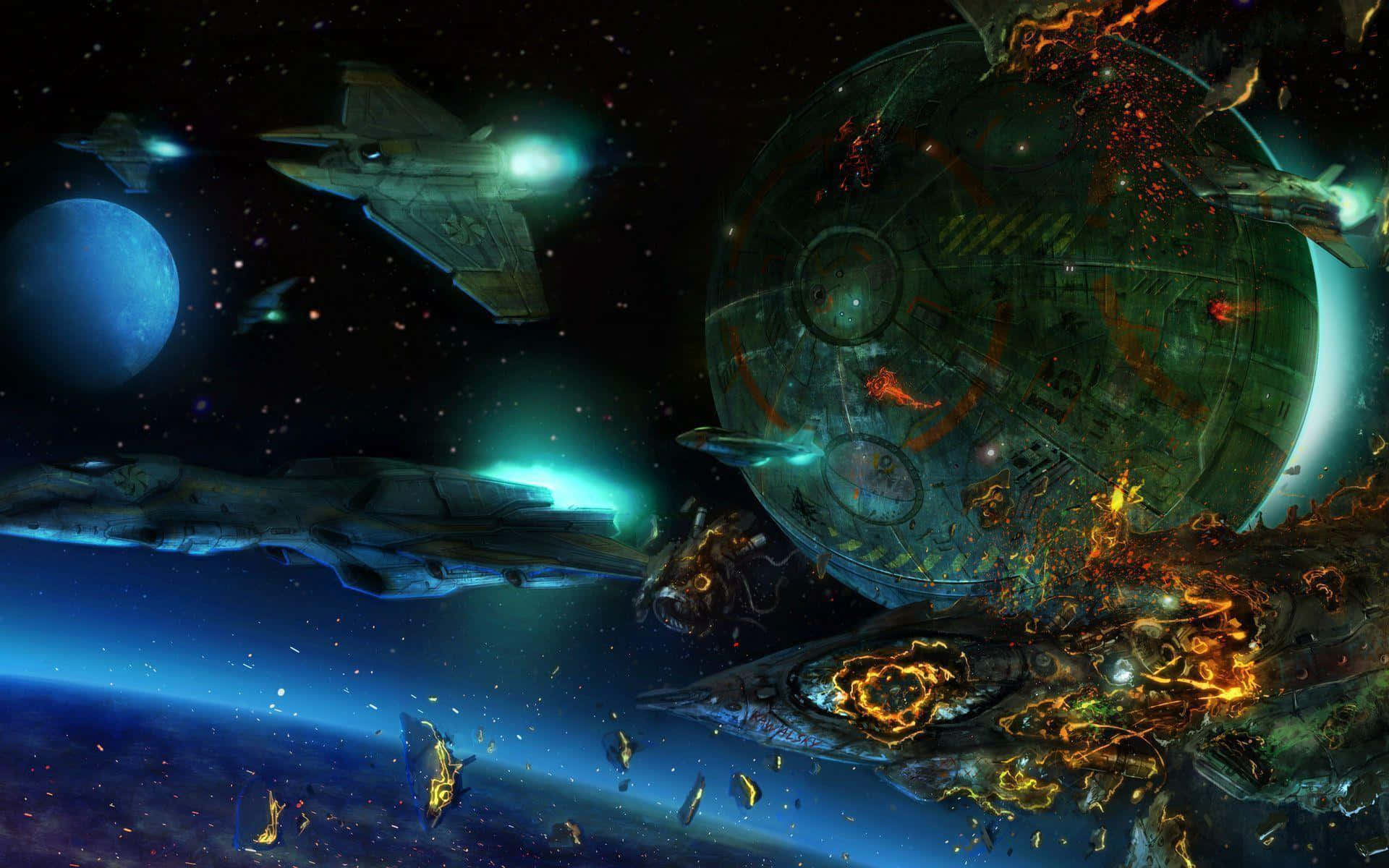 Battletech 桌布 壁紙 — 太空船在圍繞藍色行星運行的巨大太空站附近，於猛烈爆炸中戰鬥。