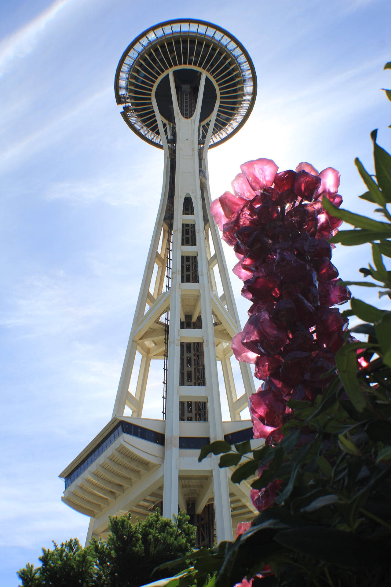 Space Needle 桌布 壁紙 — 太空針塔在清澈的藍天下高聳，前景中鮮豔的洋紅色花朵和茂密的綠色樹葉構成框架。