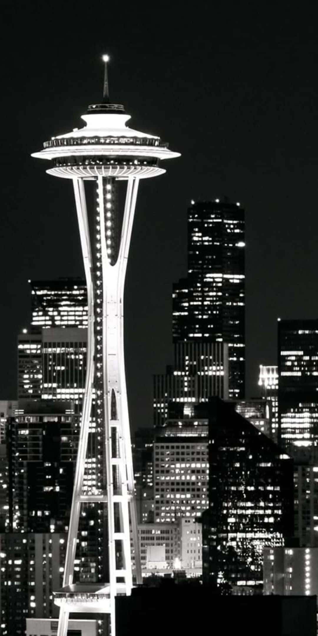 Pixel 3 Seattle 桌布 壁紙 — 太空針塔在漆黑的天空下亮起，被單色城市夜景中閃爍的摩天大樓所環繞。