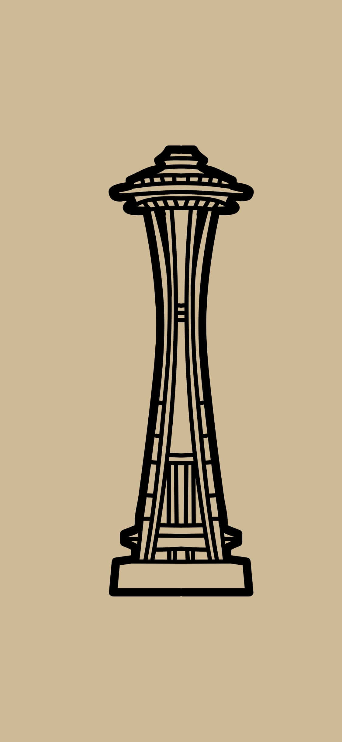 iPhone X Seattle 桌布 壁紙 — 太空針塔的極簡黑色線條插圖，在純色米色背景上高高聳立。