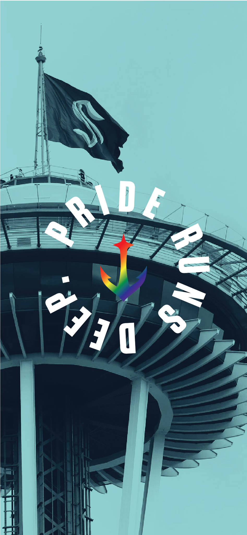 USA 桌布 壁紙 — 太空針塔的藍綠色調景觀，帶有彩虹錨和「PRIDE RUNS DEEP」文字疊加。