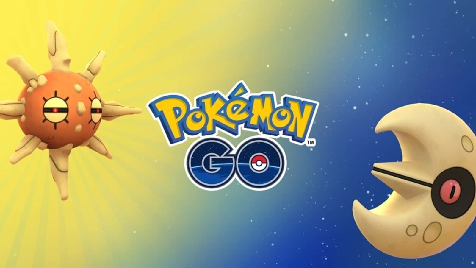 Lunatone 桌布 壁紙 — 太陽和月亮寶可夢在漸層天空和星空背景下，位於 Pokémon GO 標誌的兩側。
