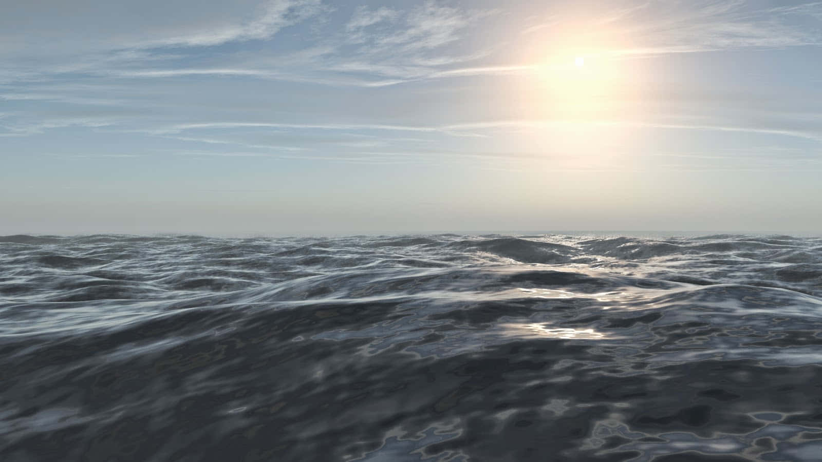 3d Ocean 桌布 壁紙 — 太陽在廣闊的波濤洶湧的海洋上閃耀，天空蒼白，有薄雲。