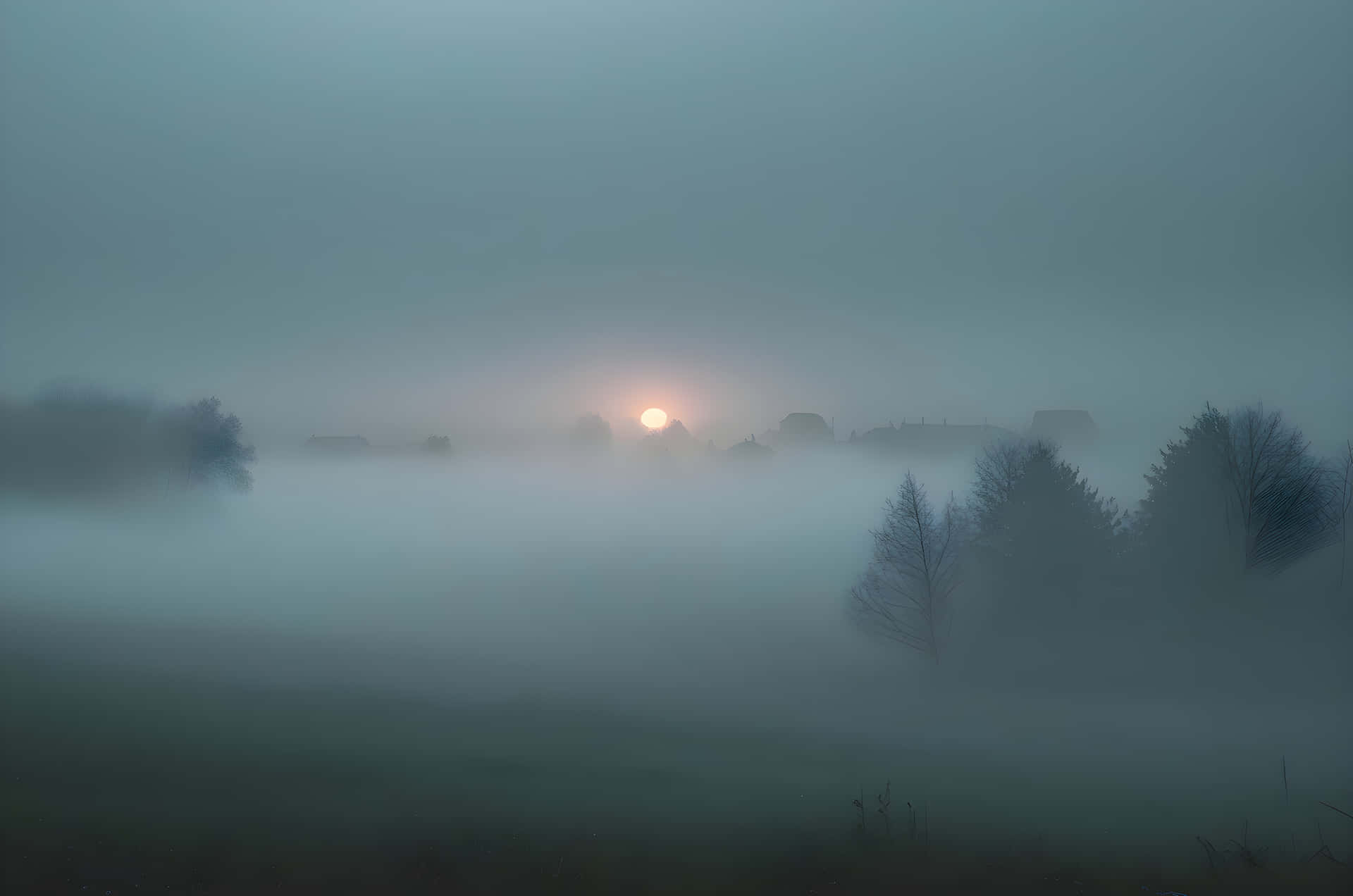 beautiful winter sunrise 壁紙 — 太陽穿過濃霧升起，籠罩著寧靜的鄉村景觀，樹木和遠處房屋呈現剪影。