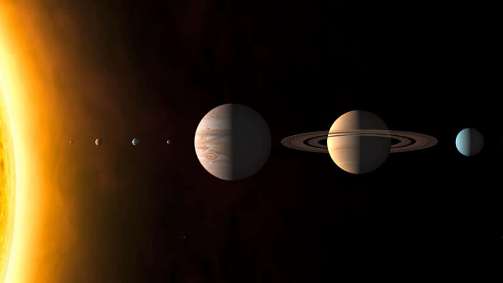 astronomy 桌布 壁紙 — 太陽系的壯麗景觀，木星和土星在發光的太陽和黑暗的太空背景下突出顯示。